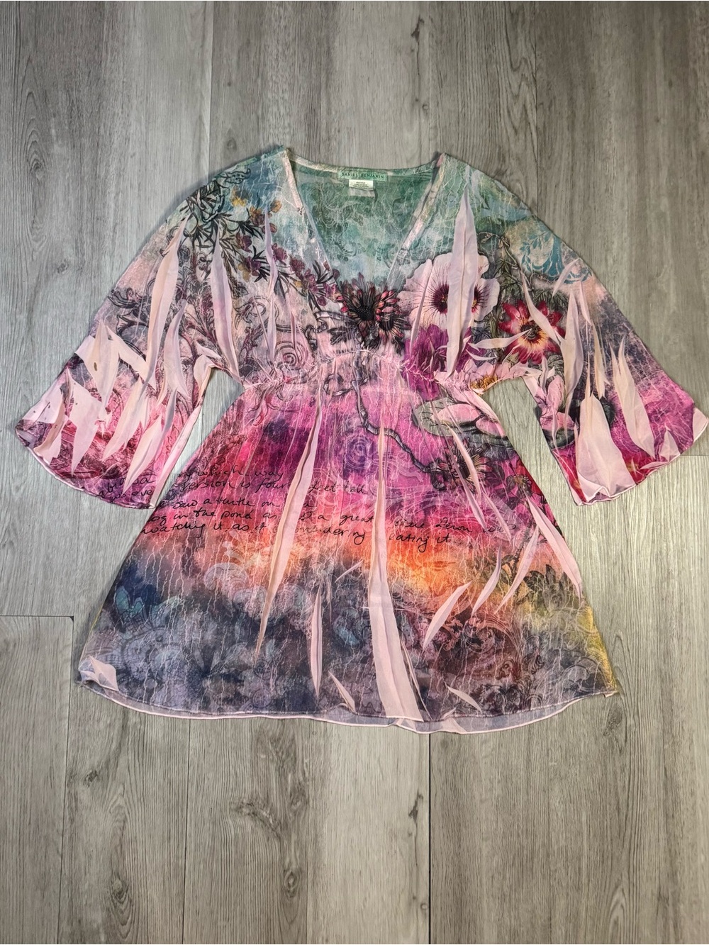 Daniel Benjamin Boho Fairycore V Neck Sheer Tunic 3/4 Sleeve Top Medium Y2K